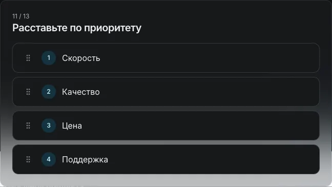 Вопрос «Расставьте по приоритету»: пронумерованный список «Скорость», «Качество», «Цена», «Поддержка» с ручками перетаскивания